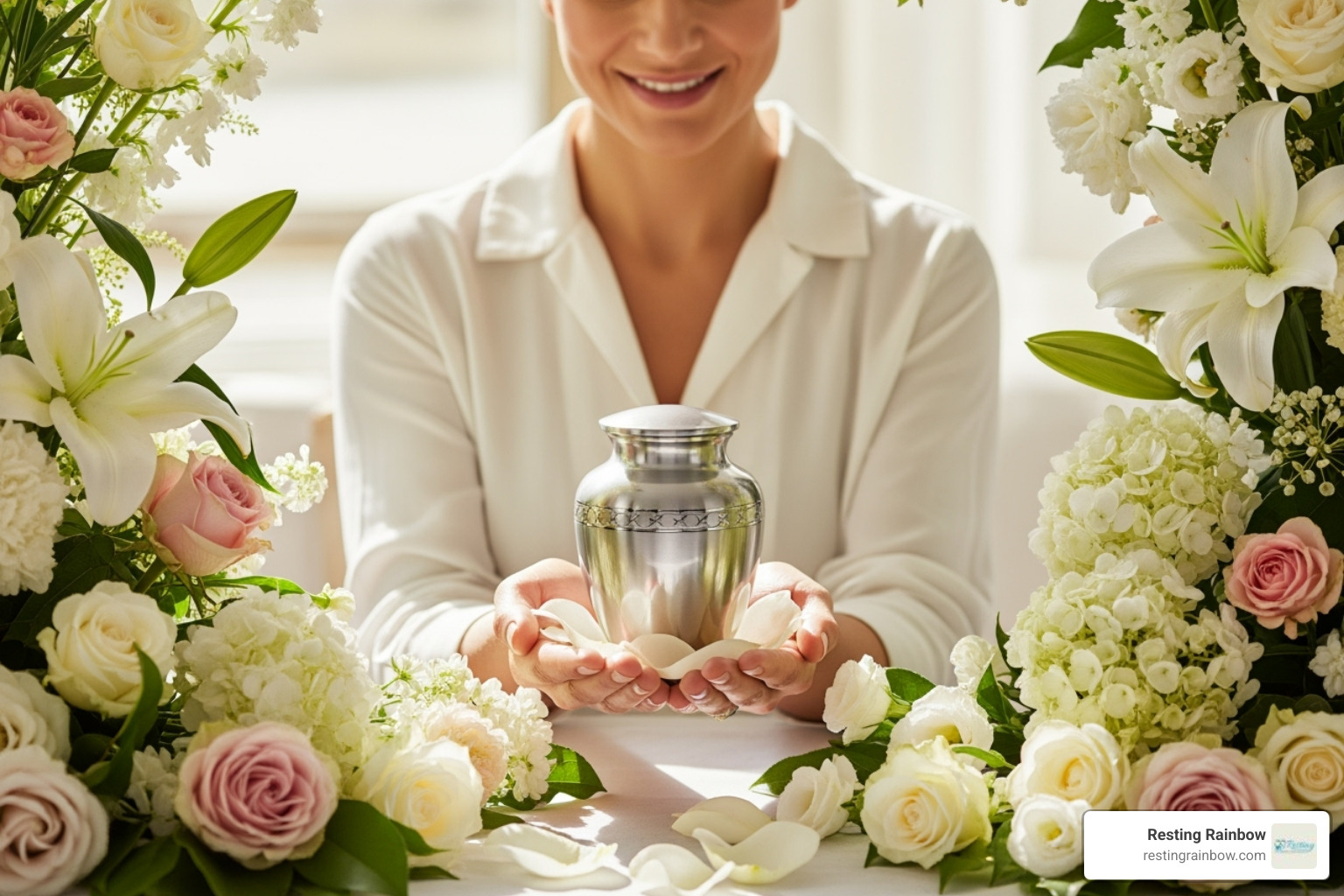 A comforting scene of a cat owner holding a memorial urn, surrounded by flowers, symbolizing love and remembrance. - cremation for cats cost