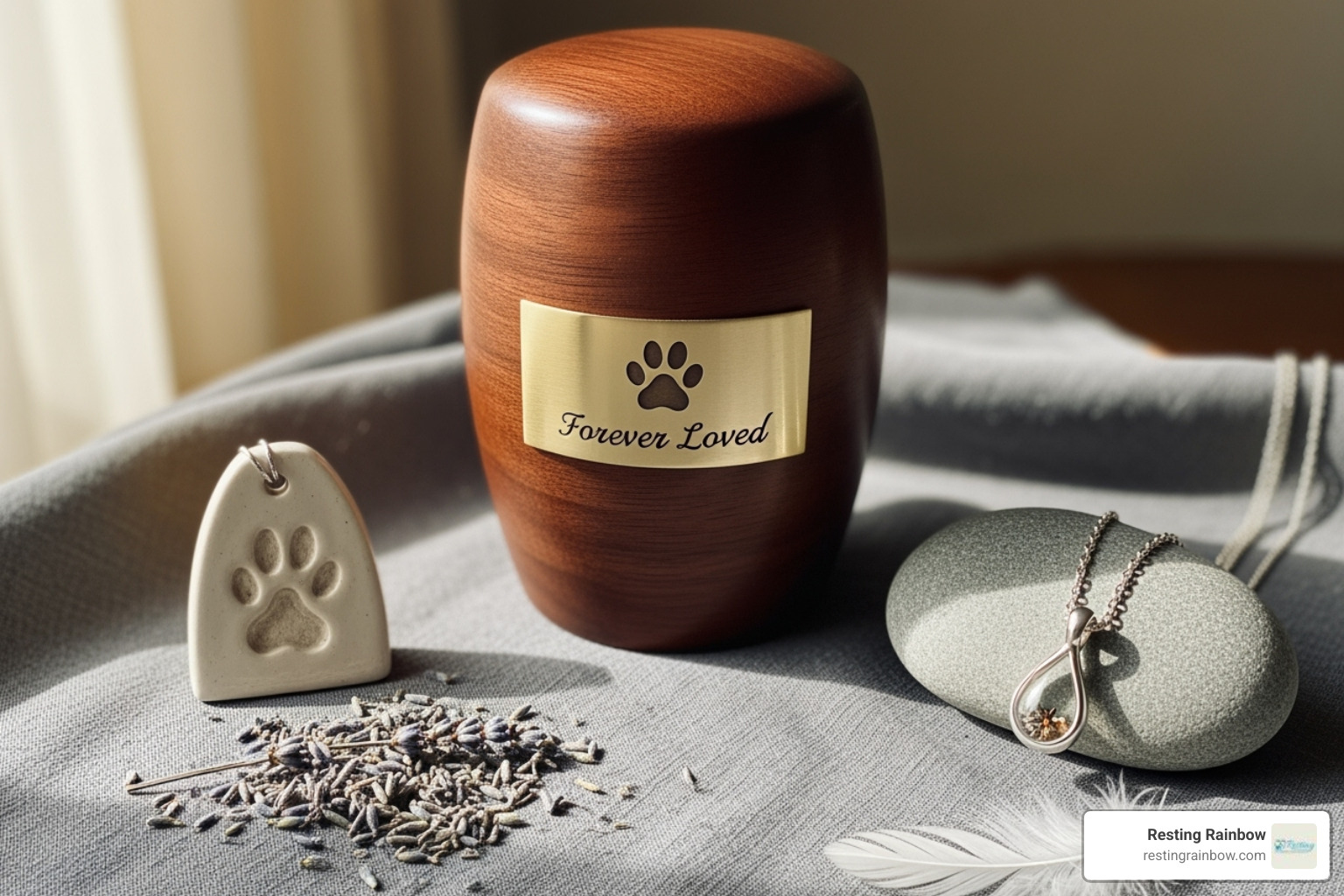 Various pet memorial products like a custom urn, a paw print keepsake, and a memorial necklace. - animal cemetery near me