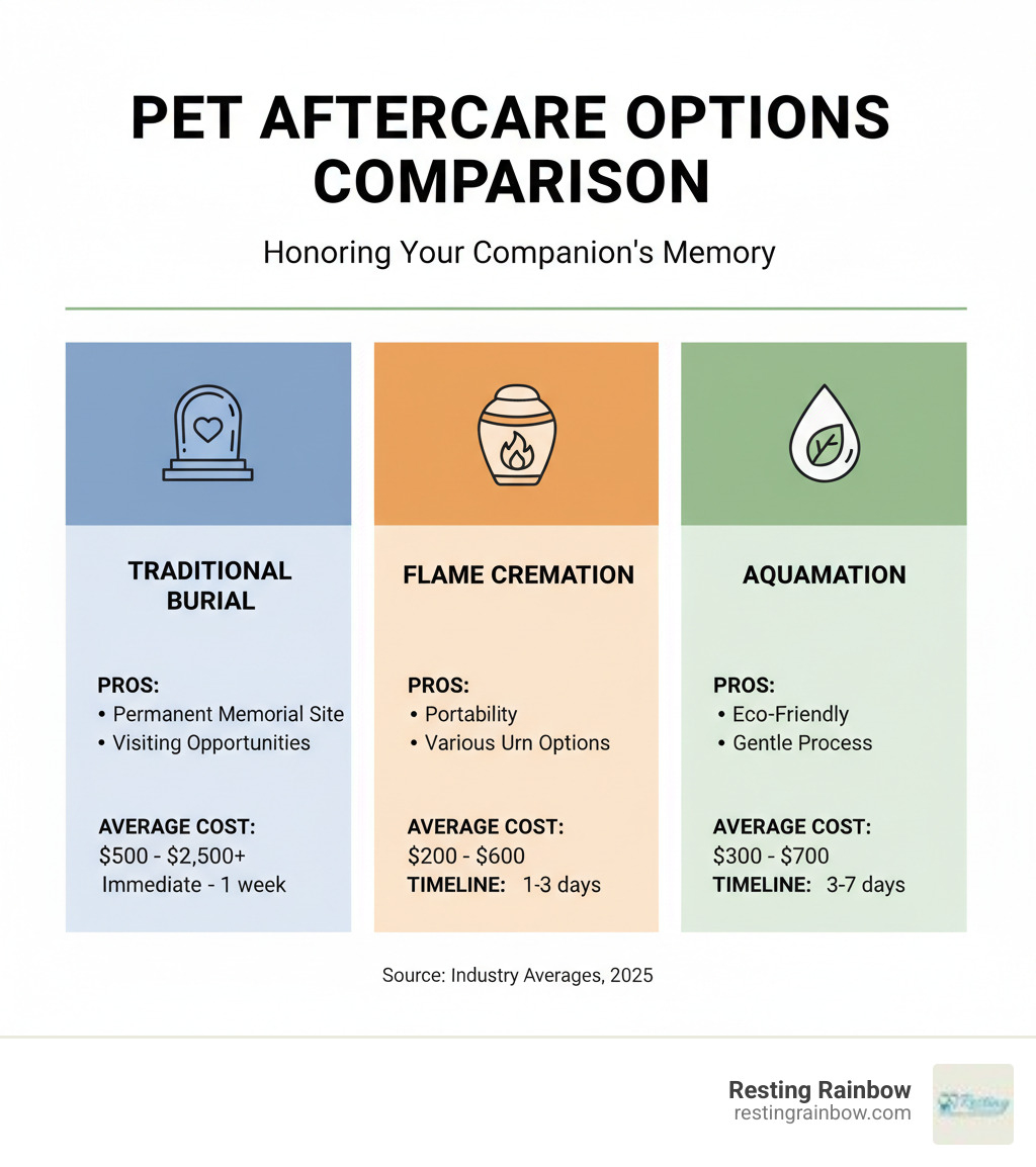 Detailed comparison infographic showing three pet aftercare options - traditional burial with pros like permanent memorial site and visiting opportunities, flame cremation with benefits like portability and various urn options, and aquamation with advantages like eco-friendliness and gentle process, including average costs and timeline for each option - animal cemetery near me infographic 