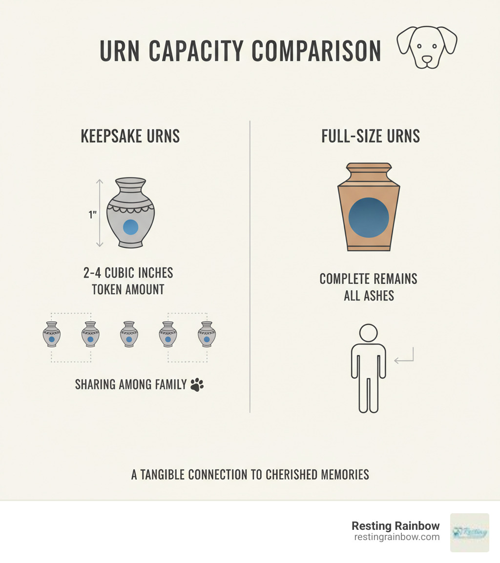 Infographic showing keepsake urn capacity comparison - small urns holding 2-4 cubic inches for token amounts versus full-size urns holding complete cremated remains, with visual representation of sharing options among family members - keepsake urns for dogs infographic 