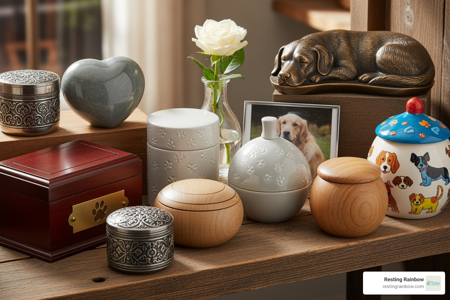 A variety of keepsake urns for dogs styles, including traditional boxes, heart shapes, and modern designs, reflecting the diversity of options for honoring your pet. - keepsake urns for dogs