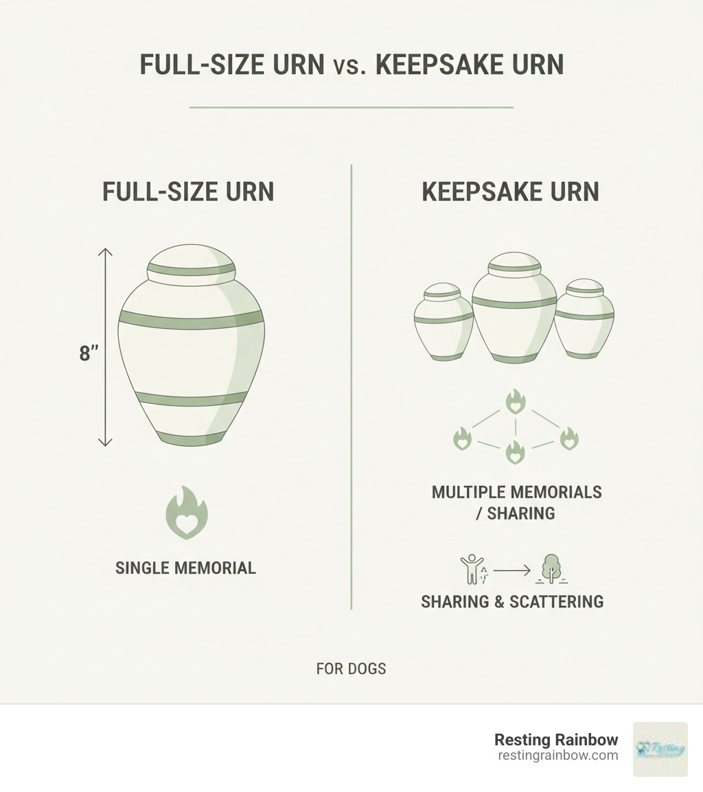 Infographic showing the difference between a full-size urn and a keepsake urn, illustrating how keepsakes allow for multiple memorials. - keepsake urns for dogs infographic 