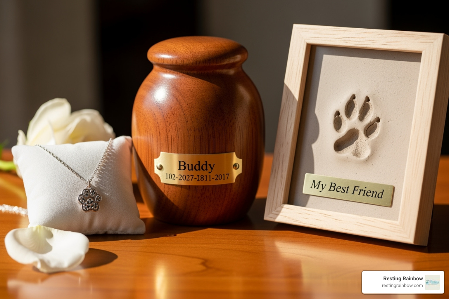 A display of pet memorial keepsakes: a custom urn, a necklace with a paw print, and a framed clay paw impression, representing cherished memories. - memorial service for pets