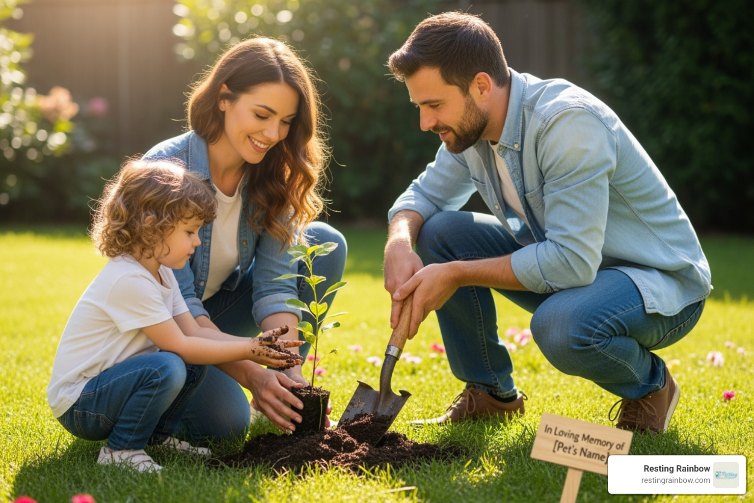A family planting a small tree in their backyard as a living memorial to their pet, symbolizing growth and remembrance. - memorial service for pets