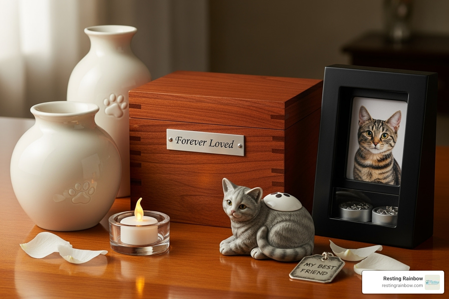 A collection of different types of pet urns: a wooden box urn, a a ceramic vase urn, a photo frame urn, and a small cat figurine urn - animal urns near me