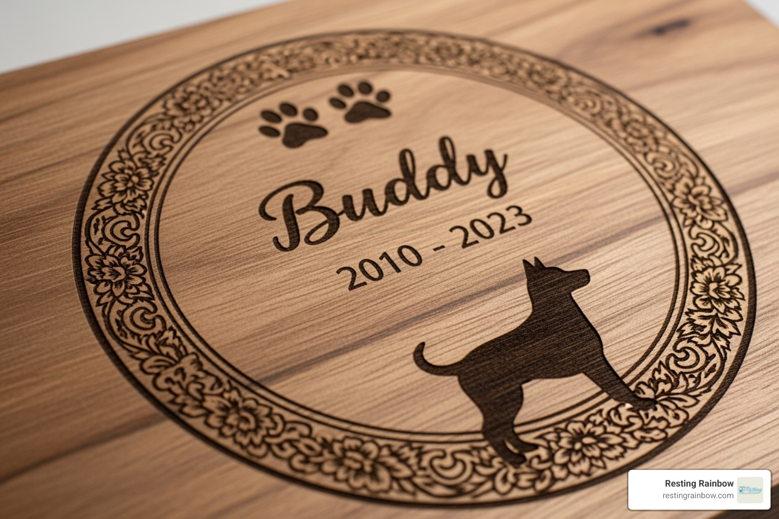 A close-up shot showing detailed laser engraving on a wooden pet urn - animal urns near me
