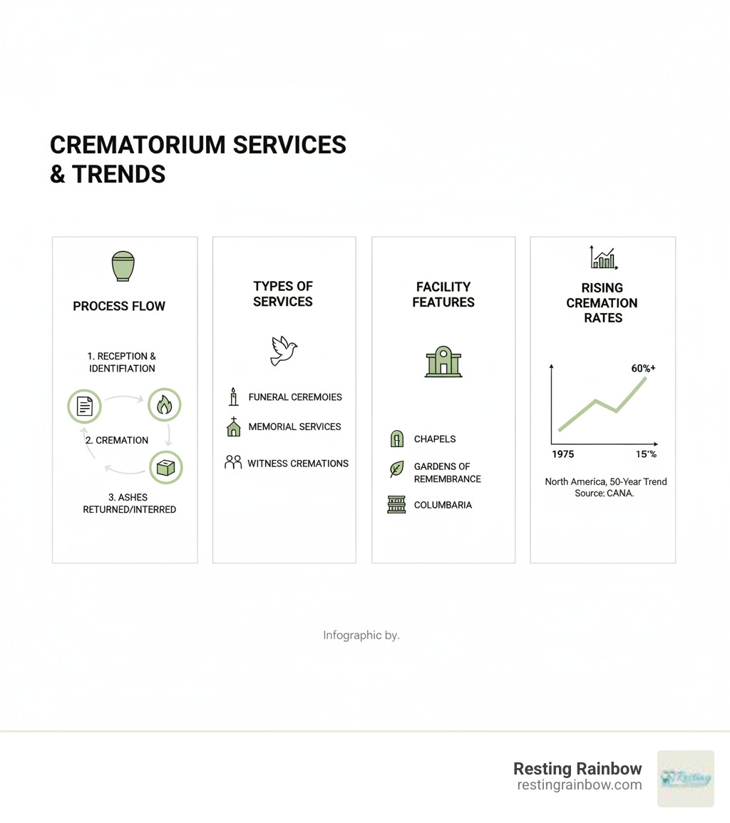 Comprehensive infographic showing crematorium services including the cremation process flow, types of services offered (funeral ceremonies, memorial services, witness cremations), facility features (chapels, gardens, columbaria), and key statistics on rising cremation rates over the past 50 years with data from the Cremation Association of North America - crematorium infographic 