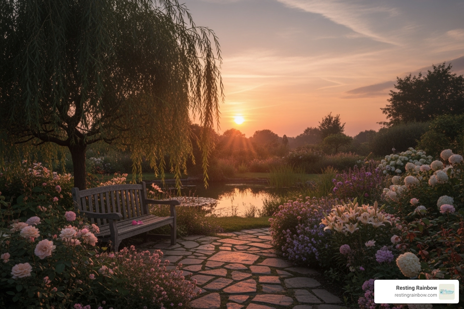A tranquil sunset over a garden, representing the gentle farewell and lasting memory of a beloved cat. - cremation of cats near me