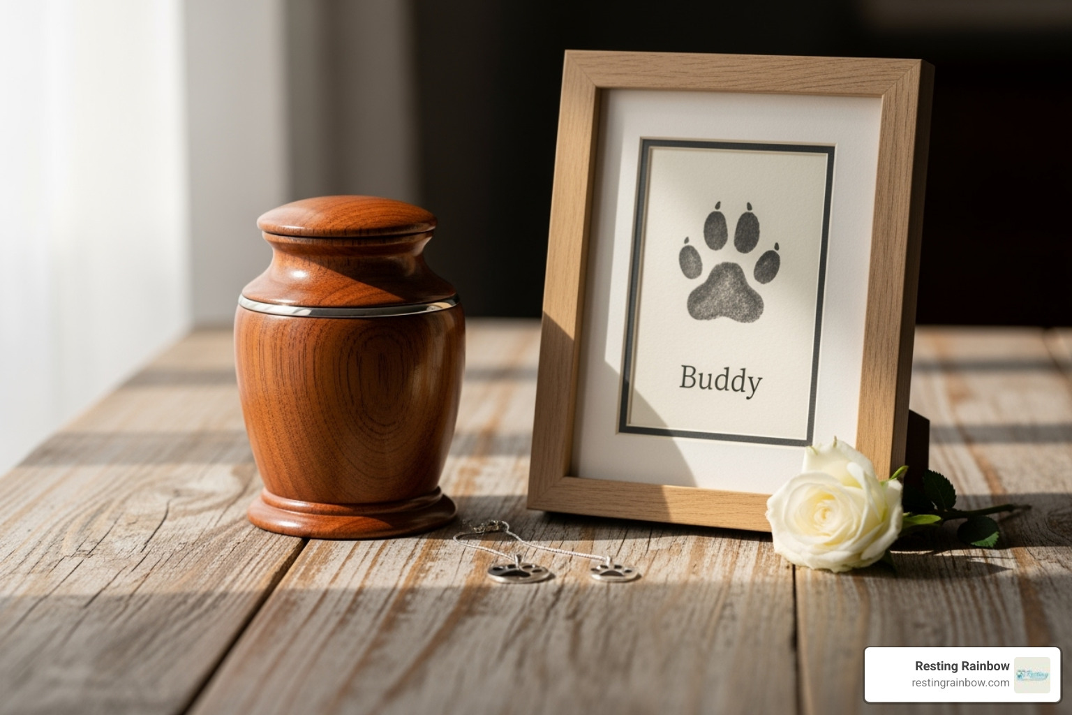 A collection of memorial items like a custom urn, a paw print frame, and cremation jewelry. - cremation pet price