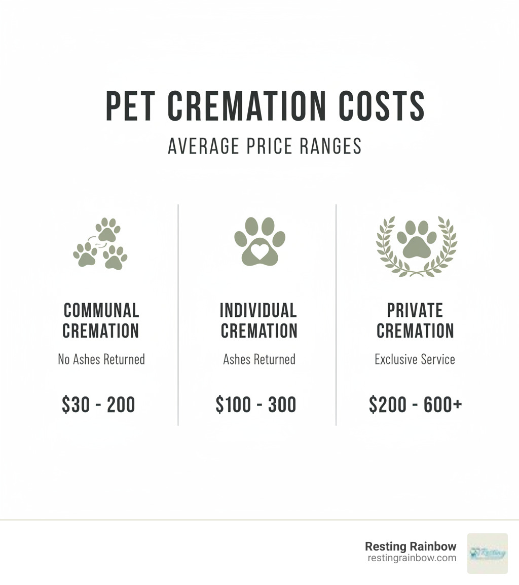 Infographic showing average cost ranges for communal, individual, and private pet cremation. - cremation pet price infographic 