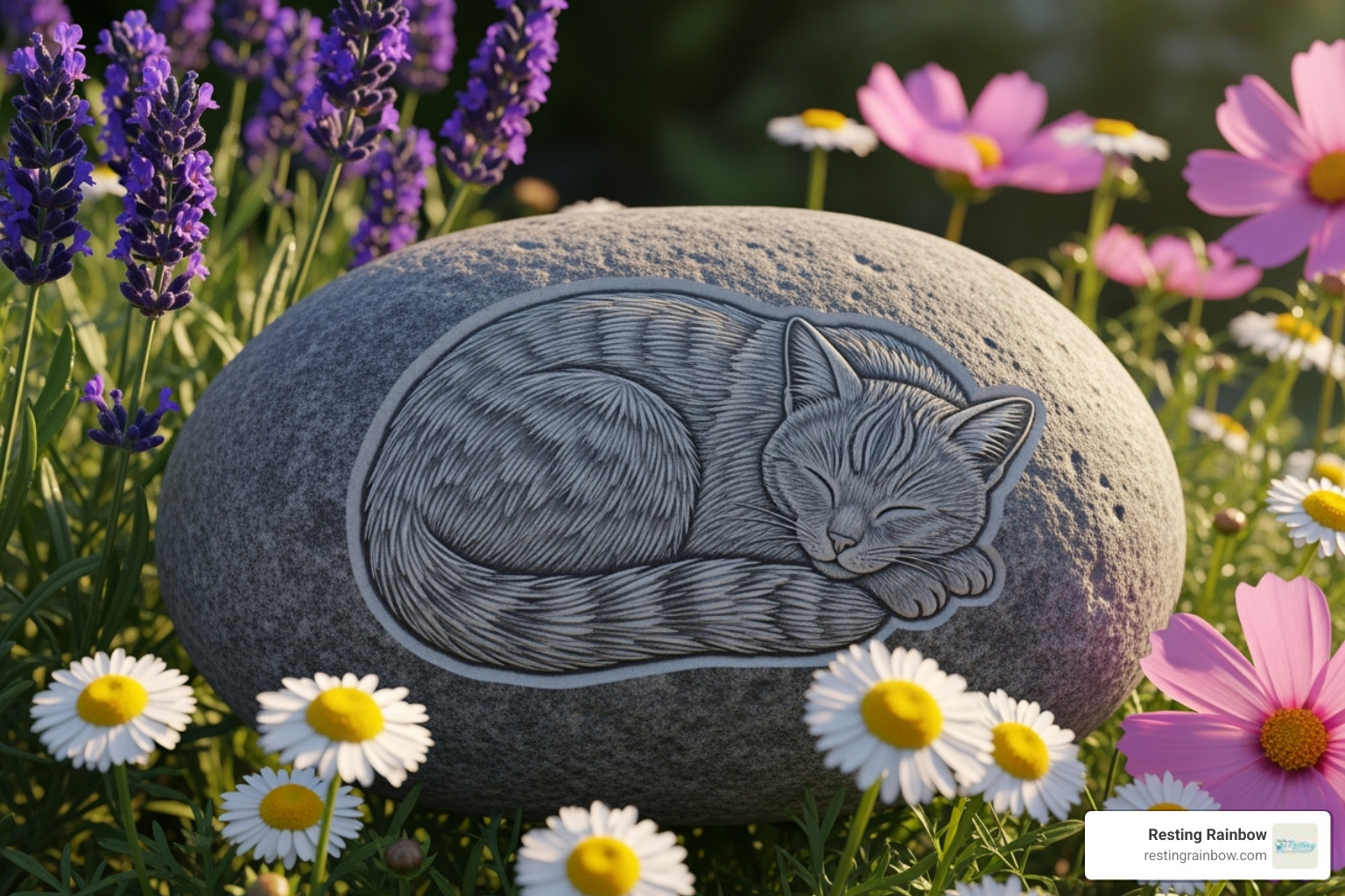 A serene pet memorial stone with a sleeping cat carving, surrounded by gentle flowers. - crematorium near me