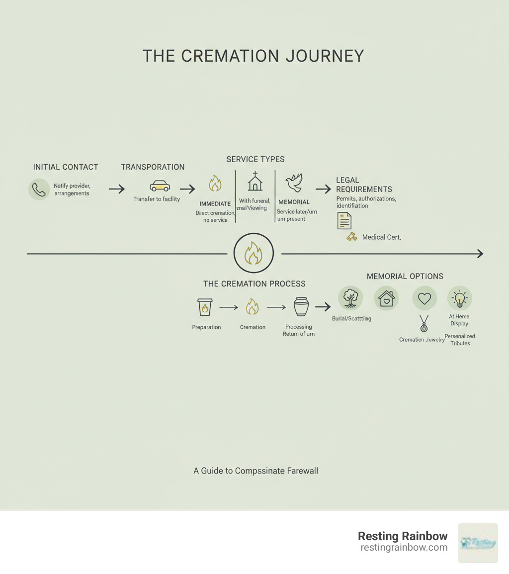 Comprehensive guide showing the cremation process from initial contact through memorialization, including service types, legal requirements, and memorial options - crematorium near me infographic 