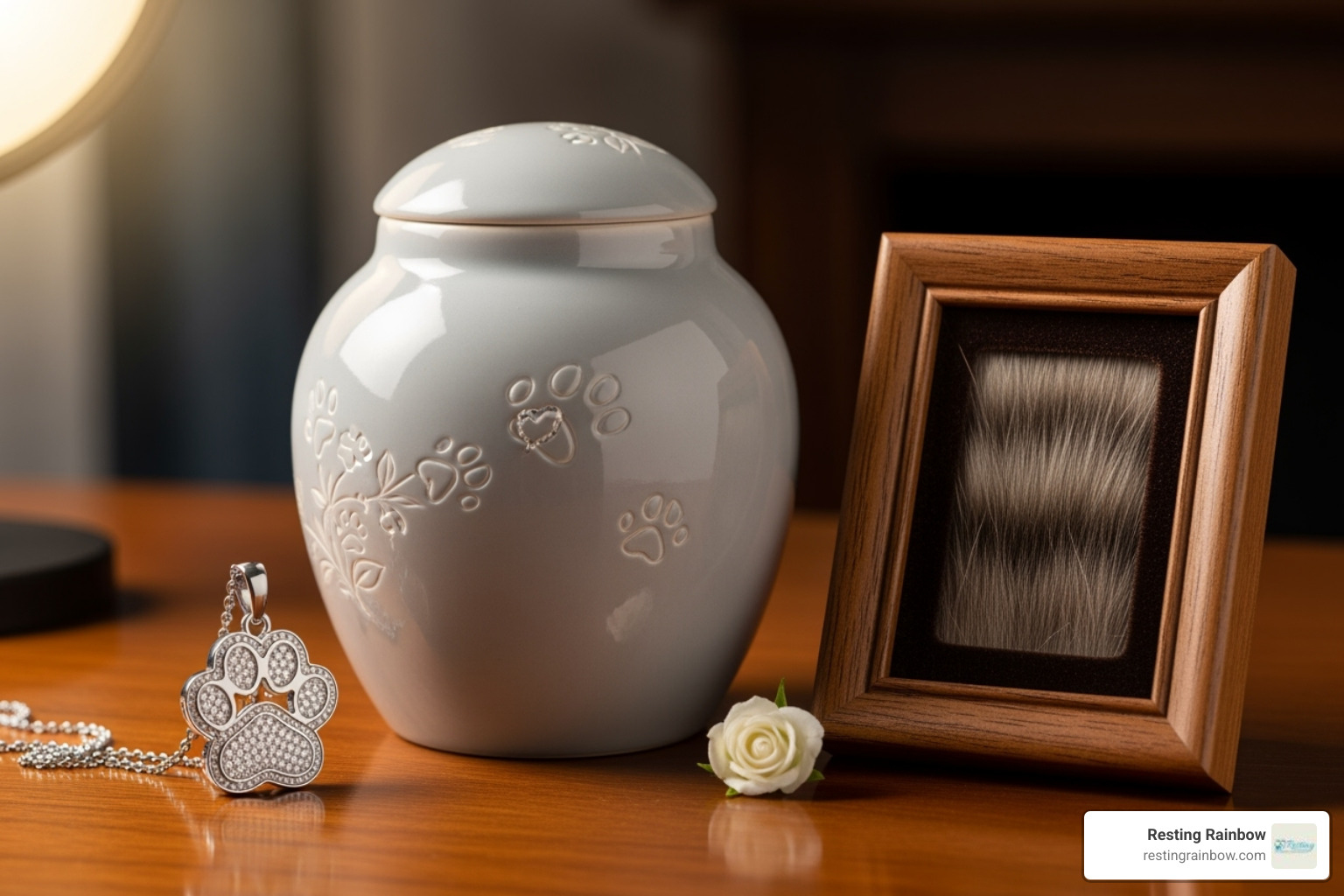 Display of pet memorial products including a decorative urn, paw print jewelry, and a framed fur clipping, representing ways to honor your pet's memory. - pet cremations in my area