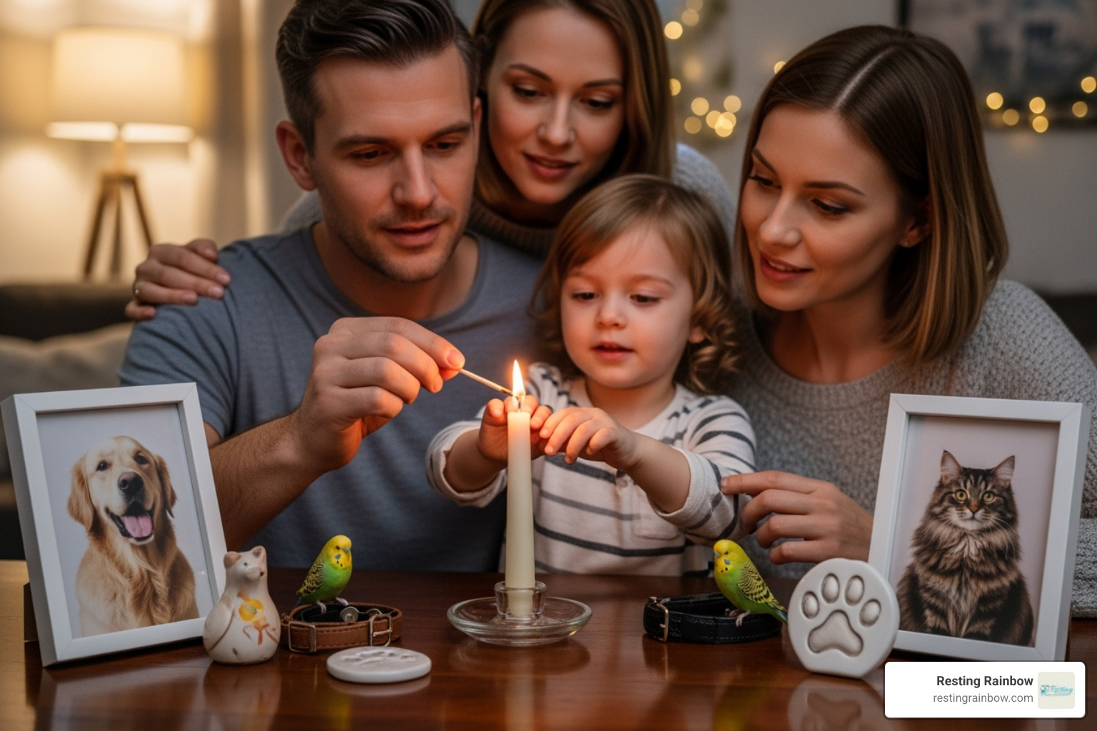 Family lighting a candle in memory of their pet, surrounded by photos and keepsakes, symbolizing love and remembrance. - pet cremations in my area