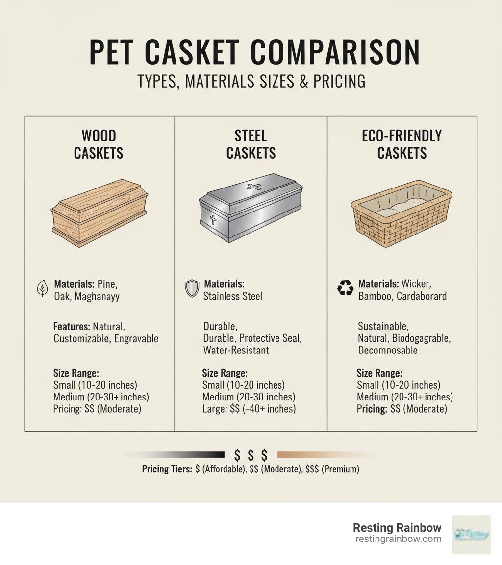Detailed comparison infographic showing pet casket types, materials, size ranges, and pricing tiers with visual examples of wood, steel, and eco-friendly options - pet caskets near me infographic Detailed comparison infographic showing pet casket types, materials, size ranges, and pricing tiers with visual examples of wood, steel, and eco-friendly options - pet caskets near me infographic