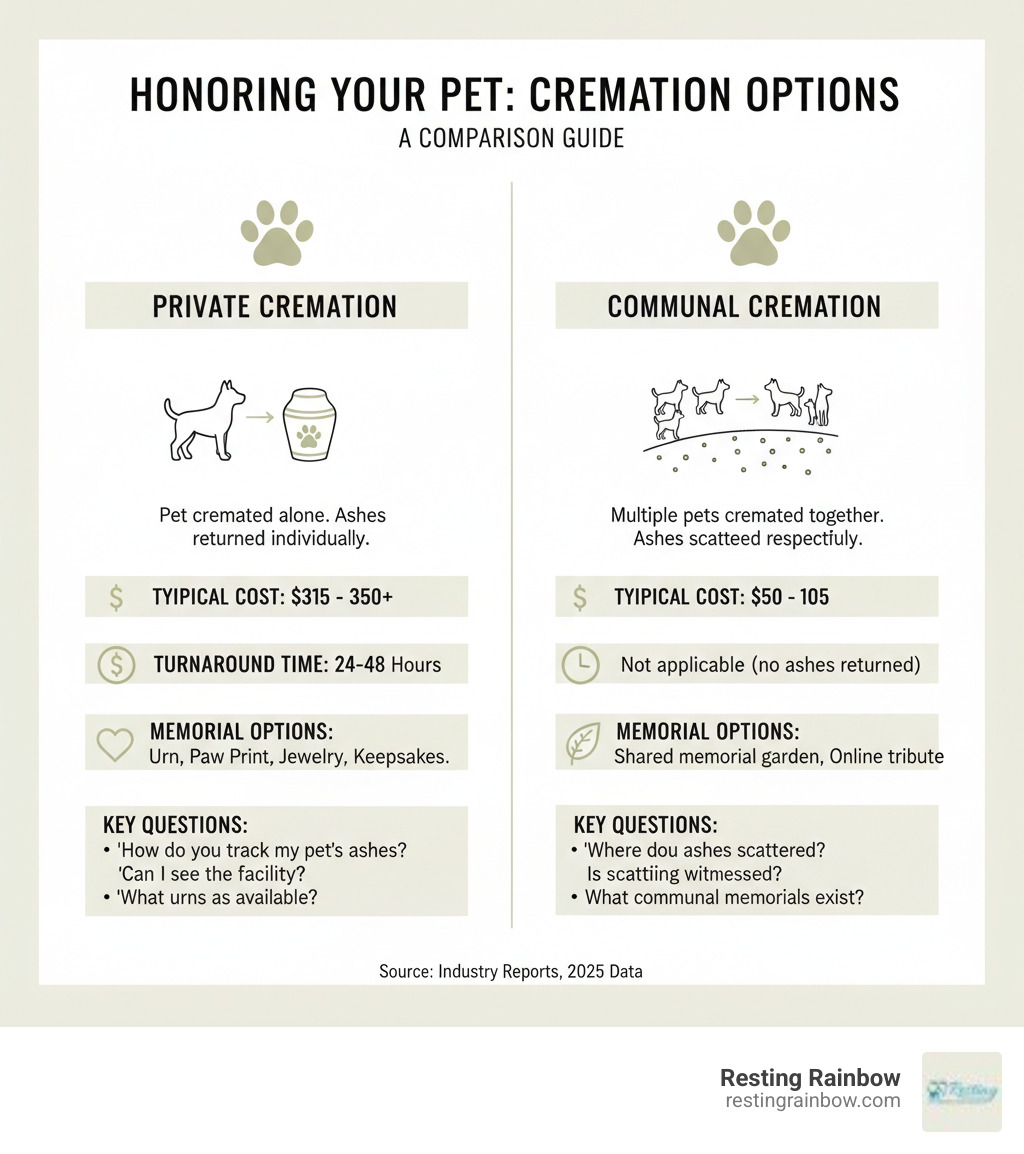 Comprehensive comparison infographic showing private cremation process with individual tracking versus communal cremation with respectful scattering, including typical costs, turnaround times, memorial options, and key questions to ask providers - cremation services for pets near me infographic 