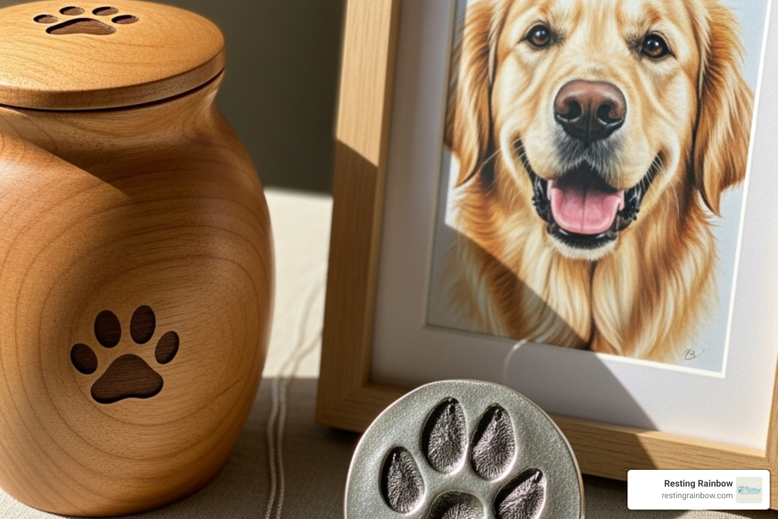 A collection of pet memorial products including a wooden urn with a paw print, a custom pet portrait, a paw print casting, and a piece of pet memorial jewelry - cremation services for pets near me