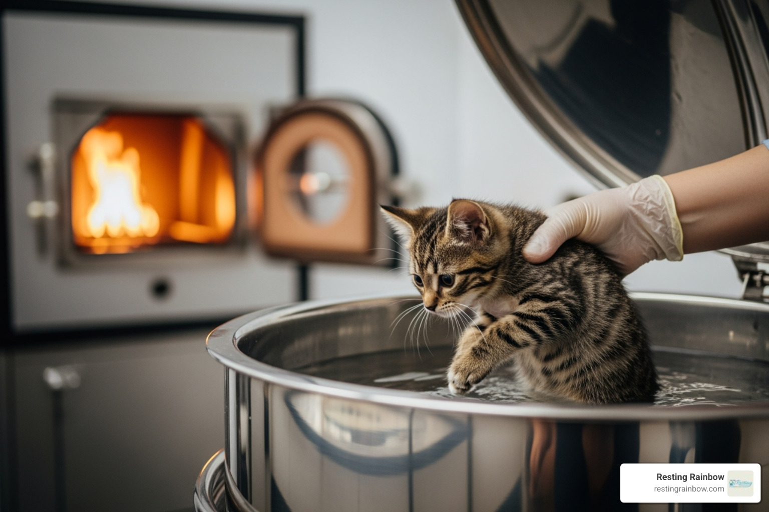 Aquamation process showing a pet being gently lowered into a water-based solution, with a comparison to flame cremation in the background - cremation services for pets near me