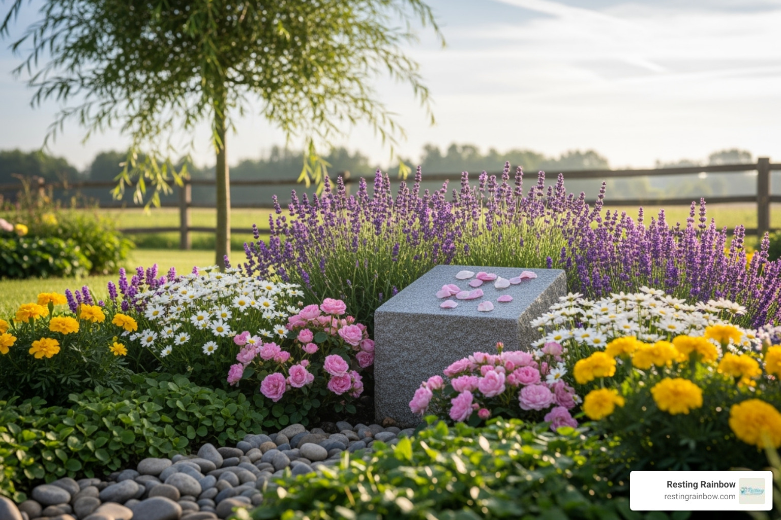 Peaceful scene of a memorial garden with a small stone marker and blooming flowers, symbolizing remembrance and a tranquil resting place for beloved pets - hamster cremation price