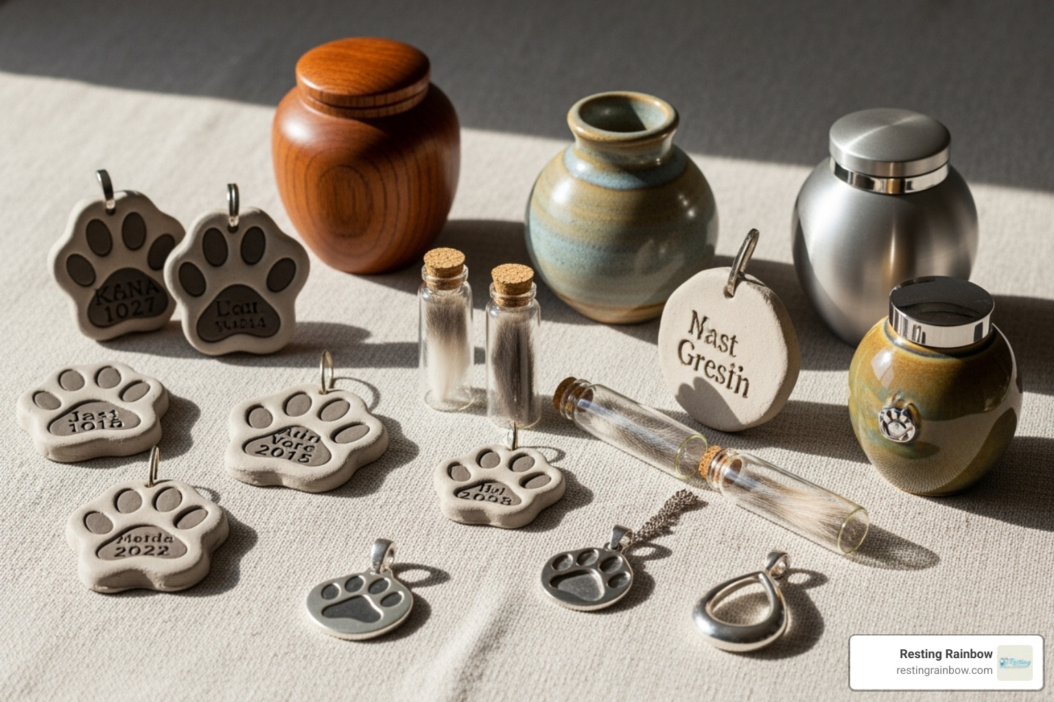 Various pet memorial keepsakes including paw prints, fur clippings in vials, custom urns of different materials, and cremation jewelry like pendants - hamster cremation price