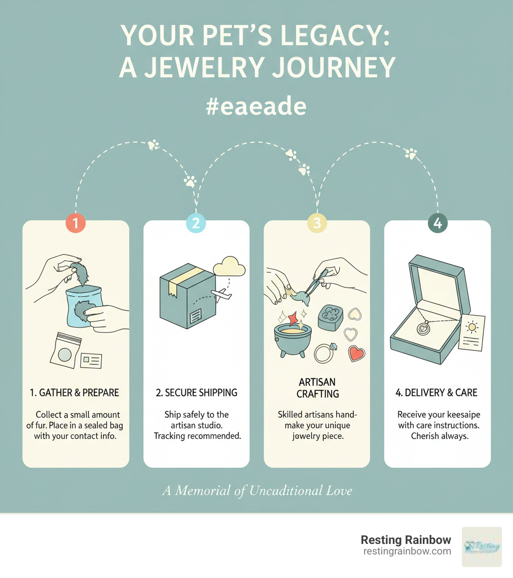 Infographic showing the journey from collecting pet fur to receiving finished memorial jewelry, including steps for preparation, shipping, artisan crafting, and final delivery with care instructions - pet fur memorial jewelry infographic 