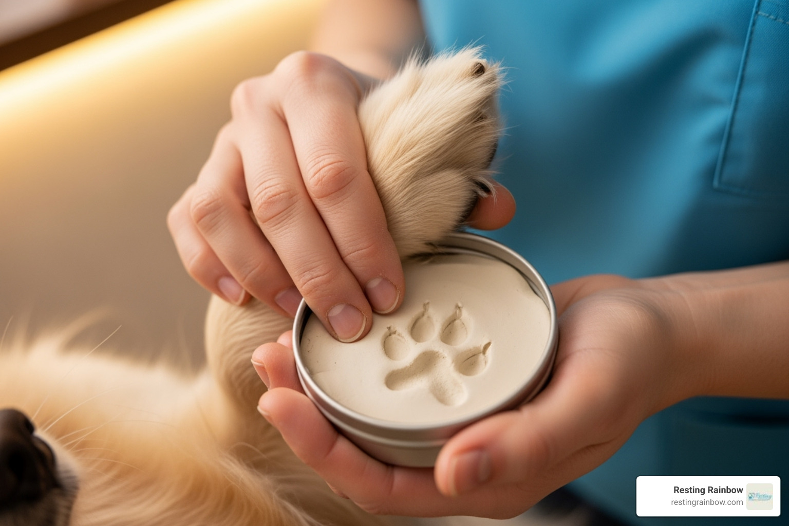 A Resting Rainbow staff member gently taking a clay paw print from a pet's paw, demonstrating compassion and attention to detail. - pet cremation dallas texas A Resting Rainbow staff member gently taking a clay paw print from a pet's paw, demonstrating compassion and attention to detail. - pet cremation dallas texas