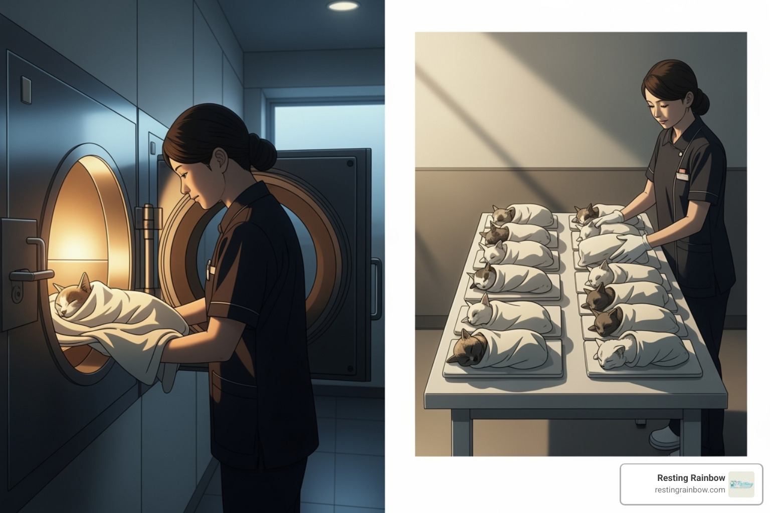 Illustration showing private and communal cremation side-by-side, with respectful staff and serene settings - dog cremation price near me