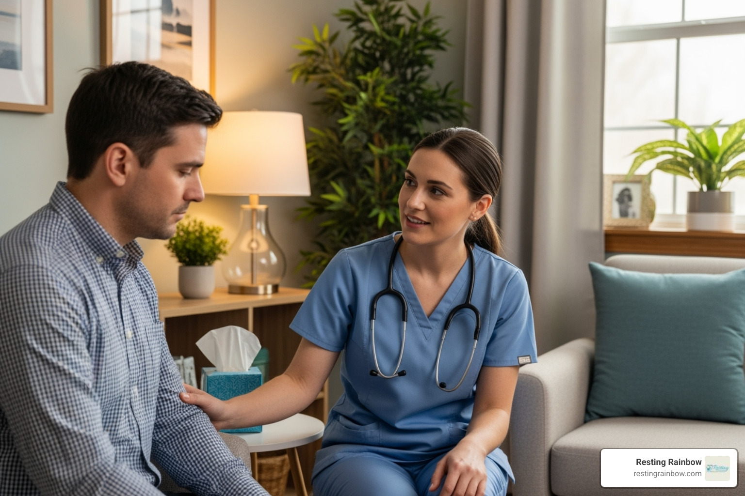 Resting Rainbow staff member comforting a pet owner in a calm, welcoming office - dog cremation price near me