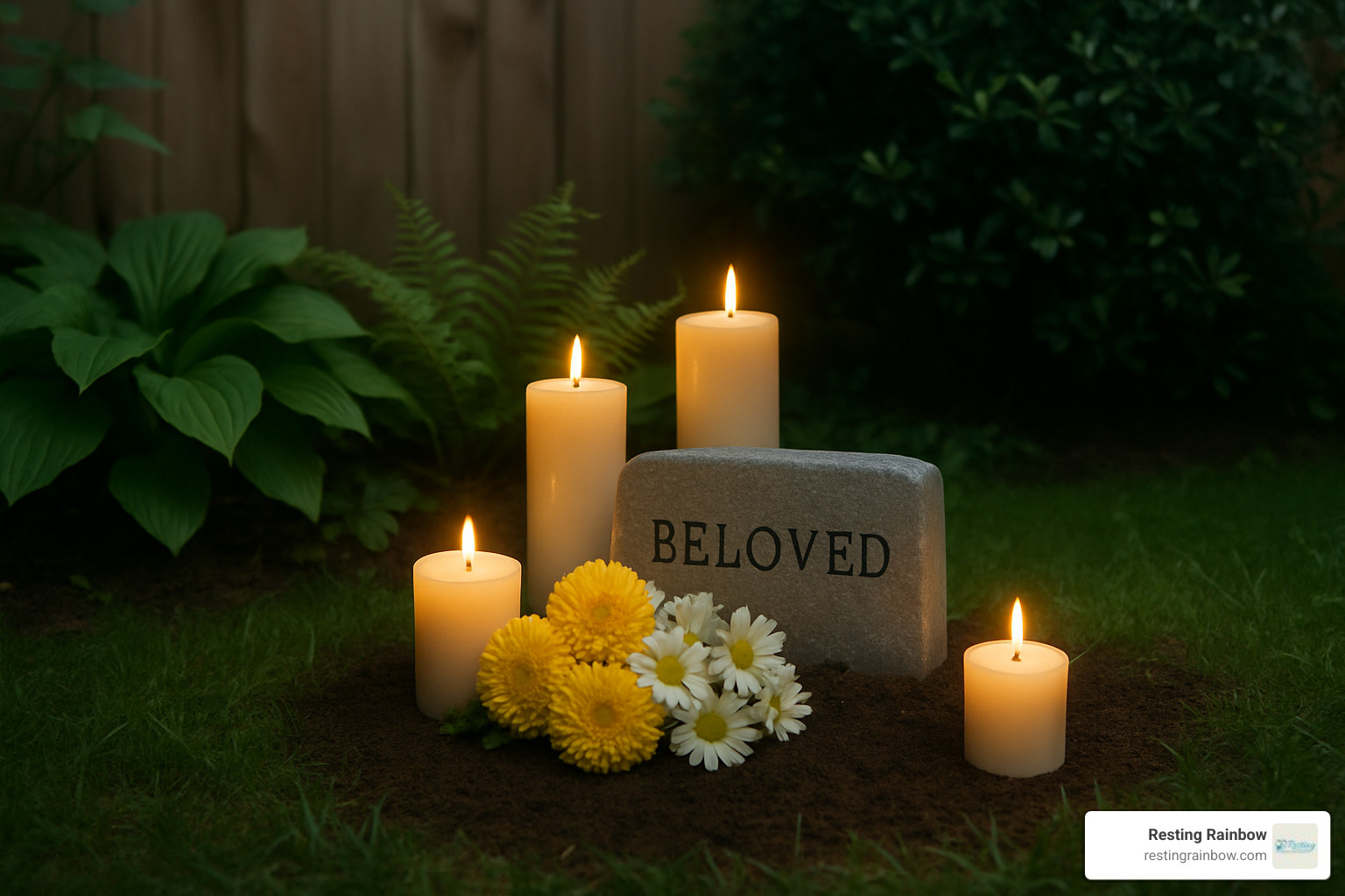 Peaceful backyard memorial scene with lit candles, flowers, and a small stone marker surrounded by plants, showing a dignified tribute to a beloved pet - dallas city ordinance pet burials Peaceful backyard memorial scene with lit candles, flowers, and a small stone marker surrounded by plants, showing a dignified tribute to a beloved pet - dallas city ordinance pet burials