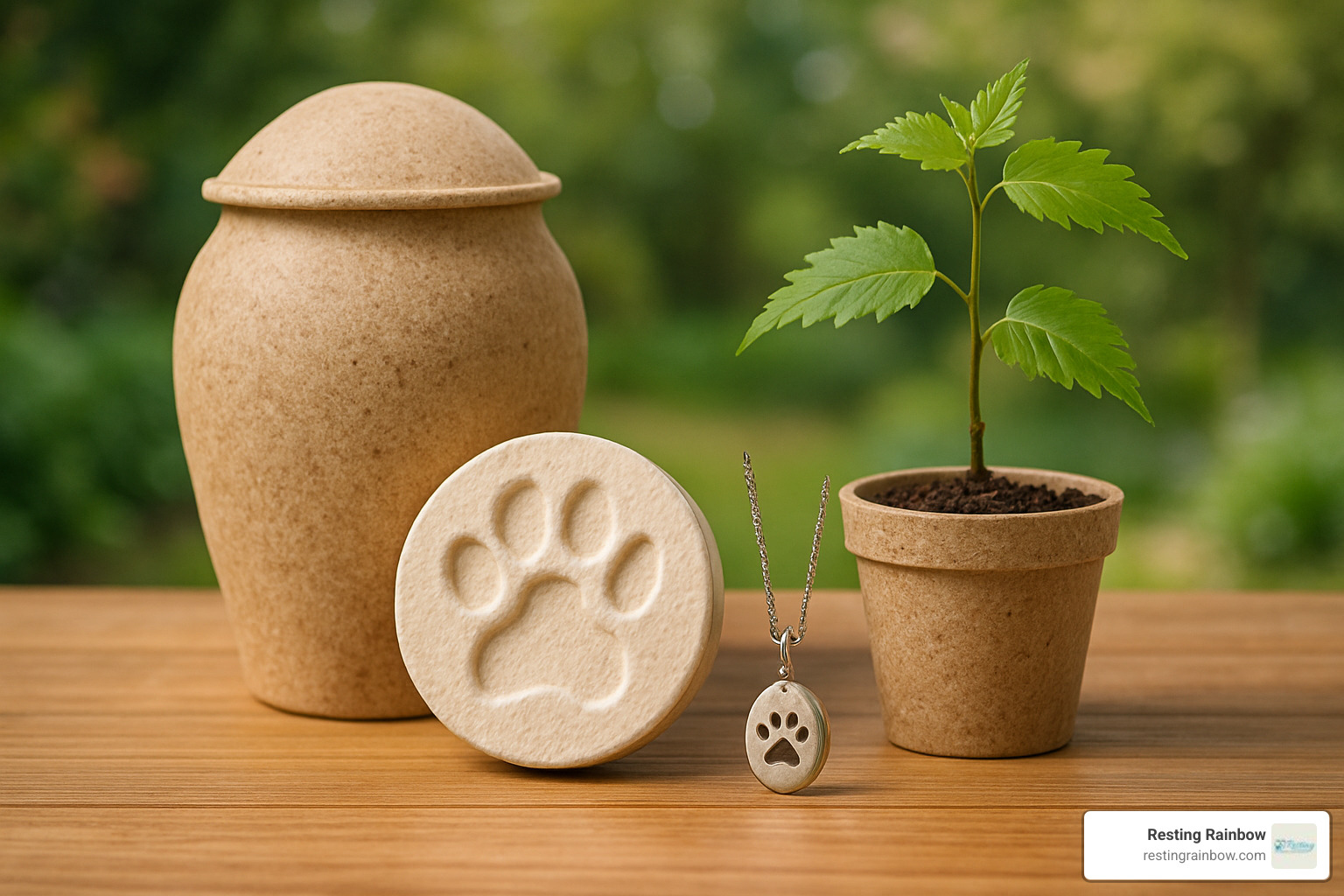 Collection of memorial items including biodegradable urns, paw print keepsakes, memorial jewelry, and planted memorial trees showing eco-friendly options for pet memorialization - dallas city ordinance pet burials Collection of memorial items including biodegradable urns, paw print keepsakes, memorial jewelry, and planted memorial trees showing eco-friendly options for pet memorialization - dallas city ordinance pet burials