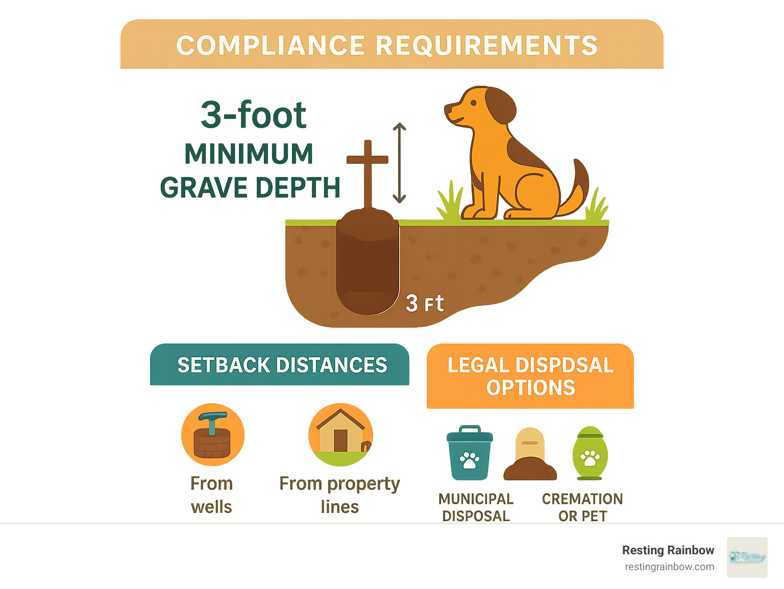 Infographic showing Dallas pet burial compliance requirements including 3-foot minimum grave depth, setback distances from wells and property lines, and the three legal disposal options available to pet owners - dallas city ordinance pet burials infographic Infographic showing Dallas pet burial compliance requirements including 3-foot minimum grave depth, setback distances from wells and property lines, and the three legal disposal options available to pet owners - dallas city ordinance pet burials infographic
