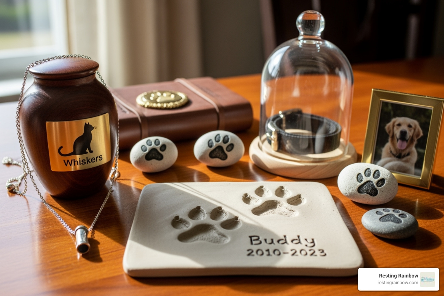 Photo of various memorial keepsakes: clay paw prints, engraved urns, and cremation jewelry, representing ways to honor your pet's memory. - pet cremation cost dallas