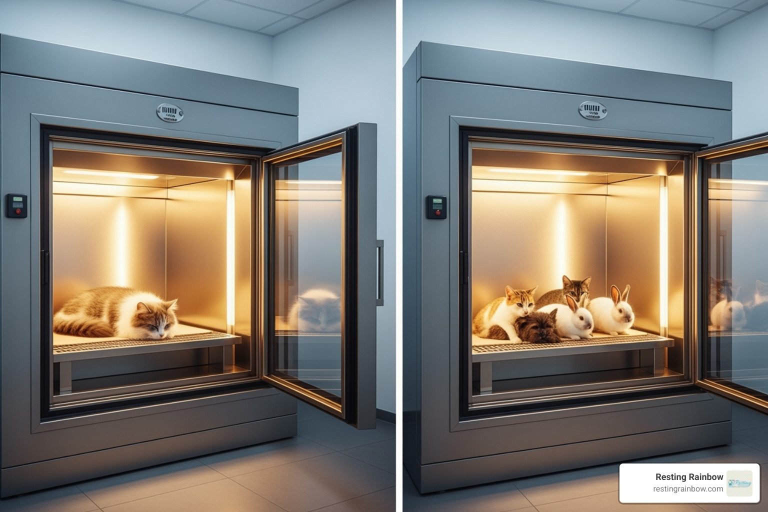 Diagram illustrating the difference between private cremation (one pet in a chamber) and communal cremation (multiple pets in a chamber), highlighting the dignity and care in each process. - pet cremation cost dallas