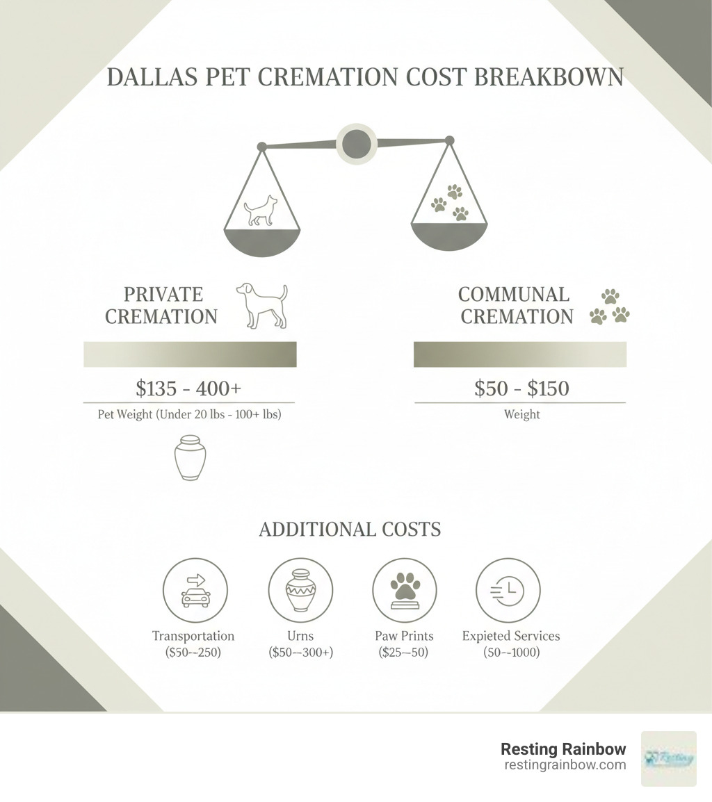 Infographic showing pet cremation cost dallas breakdown: Private cremation ranges from $135 to $400+ based on pet weight (under 20 lbs to 100+ lbs), Communal cremation ranges from $50 to $150 based on pet weight, Additional costs include transportation ($50-$250), urns ($50-$300+), paw prints ($25-$50), and expedited services ($50-$100) - pet cremation cost dallas infographic 