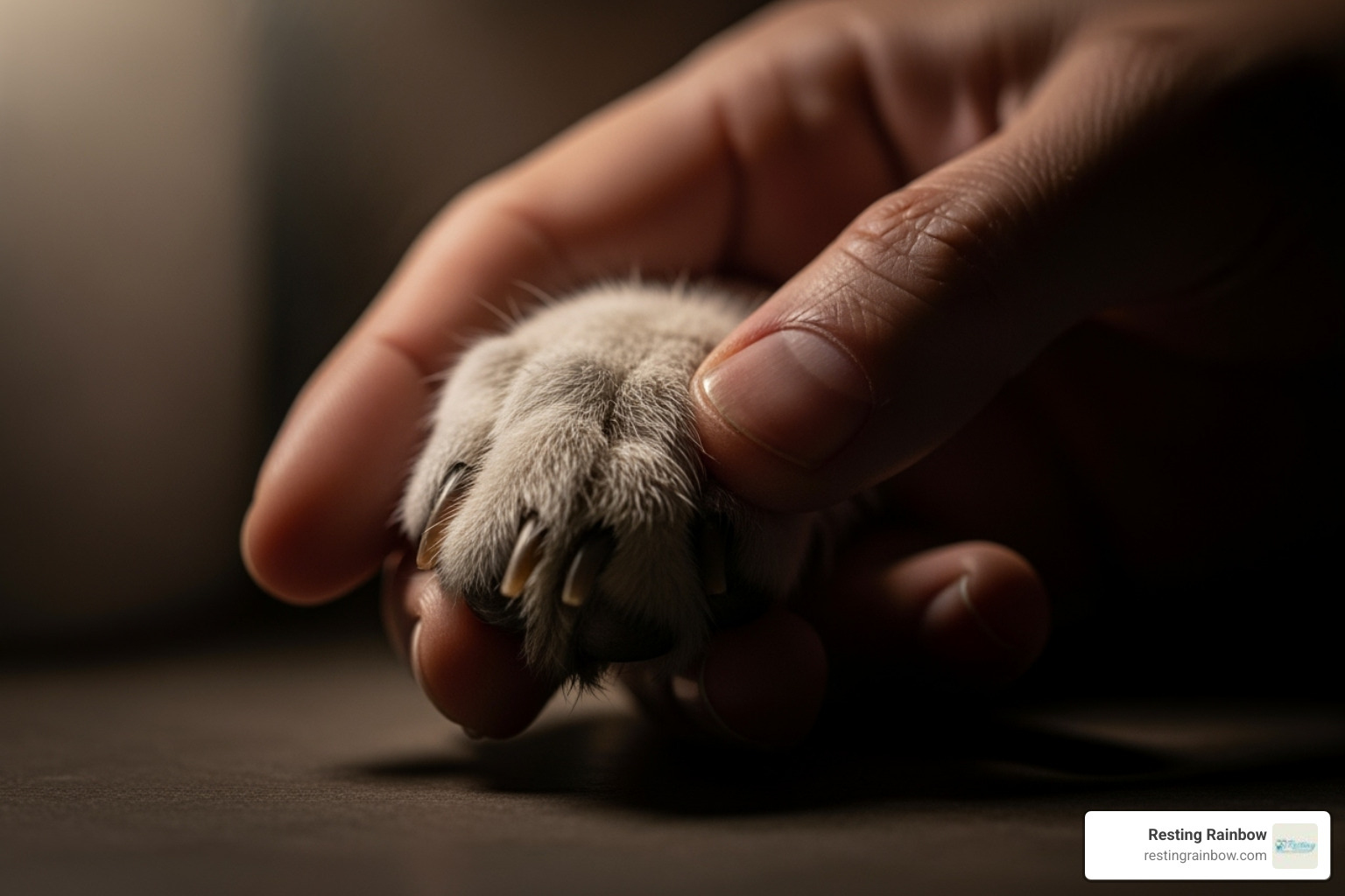 A person gently holding a pet's paw, conveying love and loss - cremation near me A person gently holding a pet's paw, conveying love and loss - cremation near me