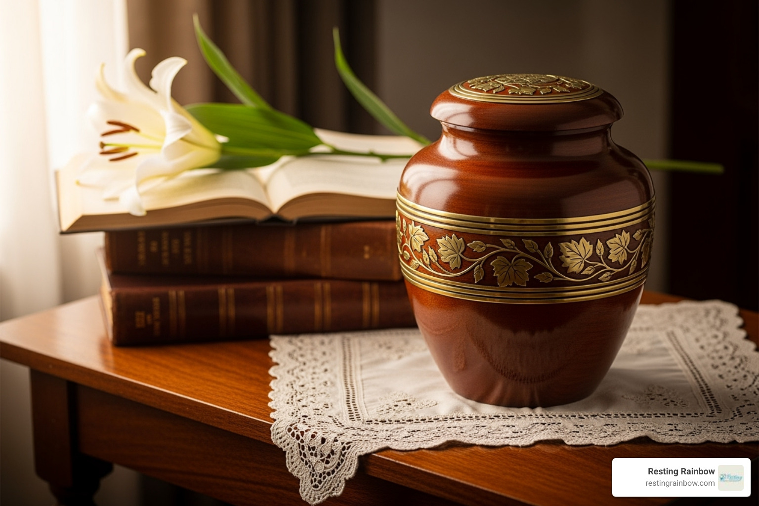 A decorative, sealed urn in a respectful setting - cremation near me A decorative, sealed urn in a respectful setting - cremation near me