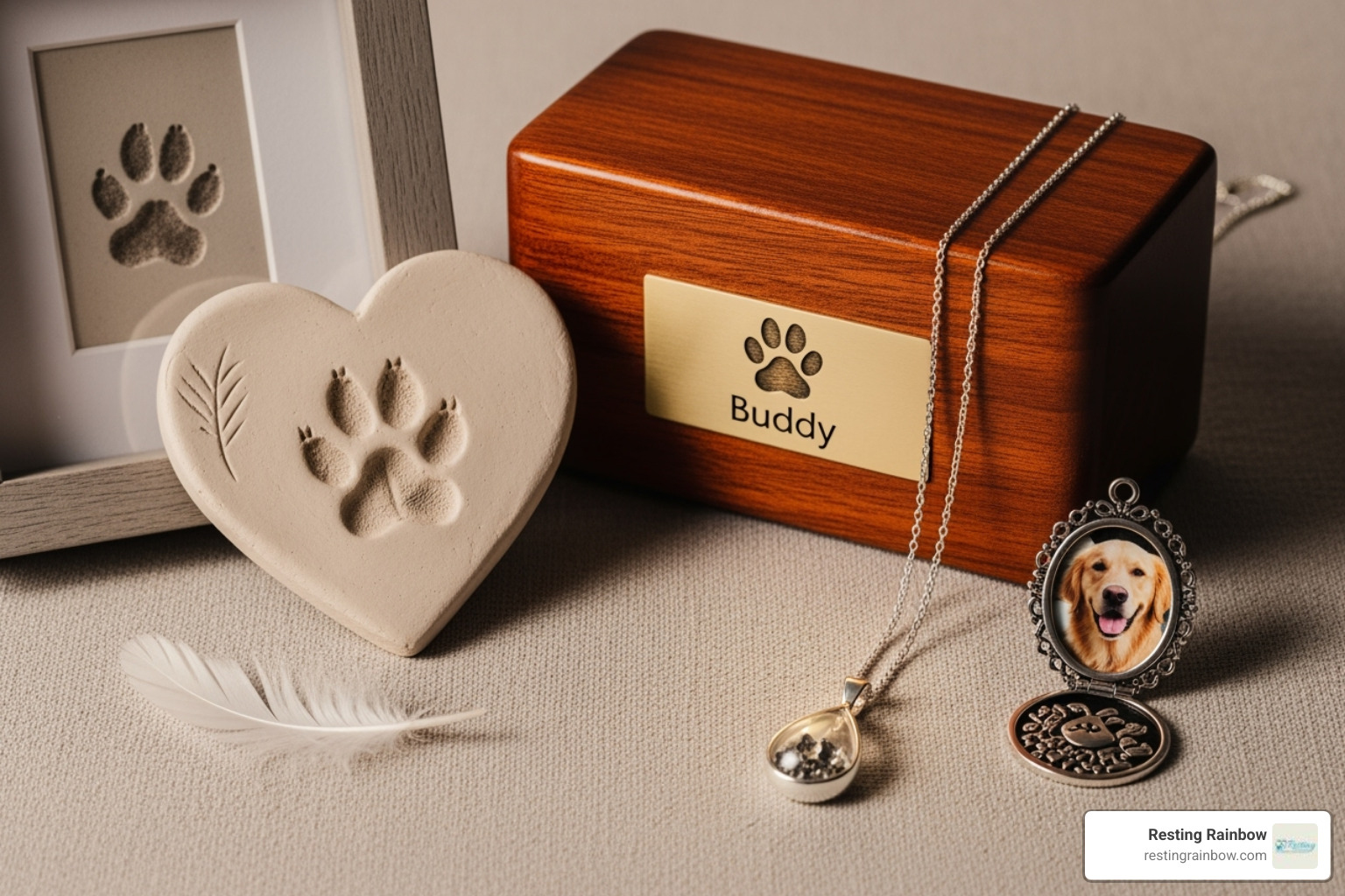 A curated collection of pet memorial products: a custom urn, a paw print impression, and a piece of memorial jewelry. - cremation services near me for dogs A curated collection of pet memorial products: a custom urn, a paw print impression, and a piece of memorial jewelry. - cremation services near me for dogs