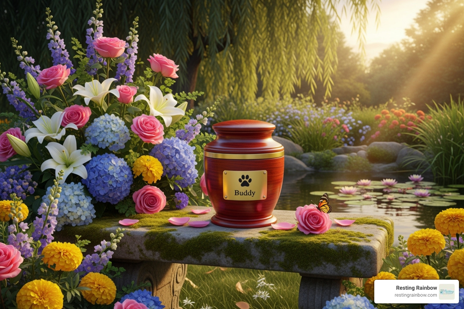 A tranquil garden scene with a pet urn surrounded by flowers, representing a loving tribute to a cherished dog. - cremation services near me for dogs A tranquil garden scene with a pet urn surrounded by flowers, representing a loving tribute to a cherished dog. - cremation services near me for dogs