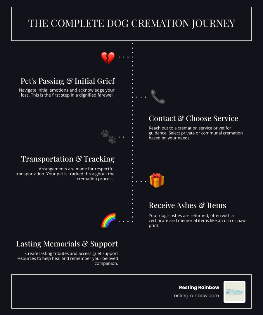 Infographic showing the complete dog cremation journey: Step 1 - Pet's passing and initial grief, Step 2 - Contacting cremation service via phone or vet referral, Step 3 - Choosing between private or communal cremation, Step 4 - Transportation and tracking through cremation process, Step 5 - Receiving ashes and memorial items, Step 6 - Creating lasting memorials and accessing grief support resources - cremation services near me for dogs infographic infographic-line-5-steps-dark Infographic showing the complete dog cremation journey: Step 1 - Pet's passing and initial grief, Step 2 - Contacting cremation service via phone or vet referral, Step 3 - Choosing between private or communal cremation, Step 4 - Transportation and tracking through cremation process, Step 5 - Receiving ashes and memorial items, Step 6 - Creating lasting memorials and accessing grief support resources - cremation services near me for dogs infographic infographic-line-5-steps-dark