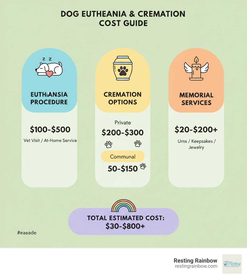 Infographic breaking down dog euthanasia and cremation cost: showing euthanasia procedure ($100-$500), cremation options (private $200-$300, communal $50-$150), and additional memorial services ($20-$200+), with icons for each category - dog euthanasia and cremation cost infographic Infographic breaking down dog euthanasia and cremation cost: showing euthanasia procedure ($100-$500), cremation options (private $200-$300, communal $50-$150), and additional memorial services ($20-$200+), with icons for each category - dog euthanasia and cremation cost infographic