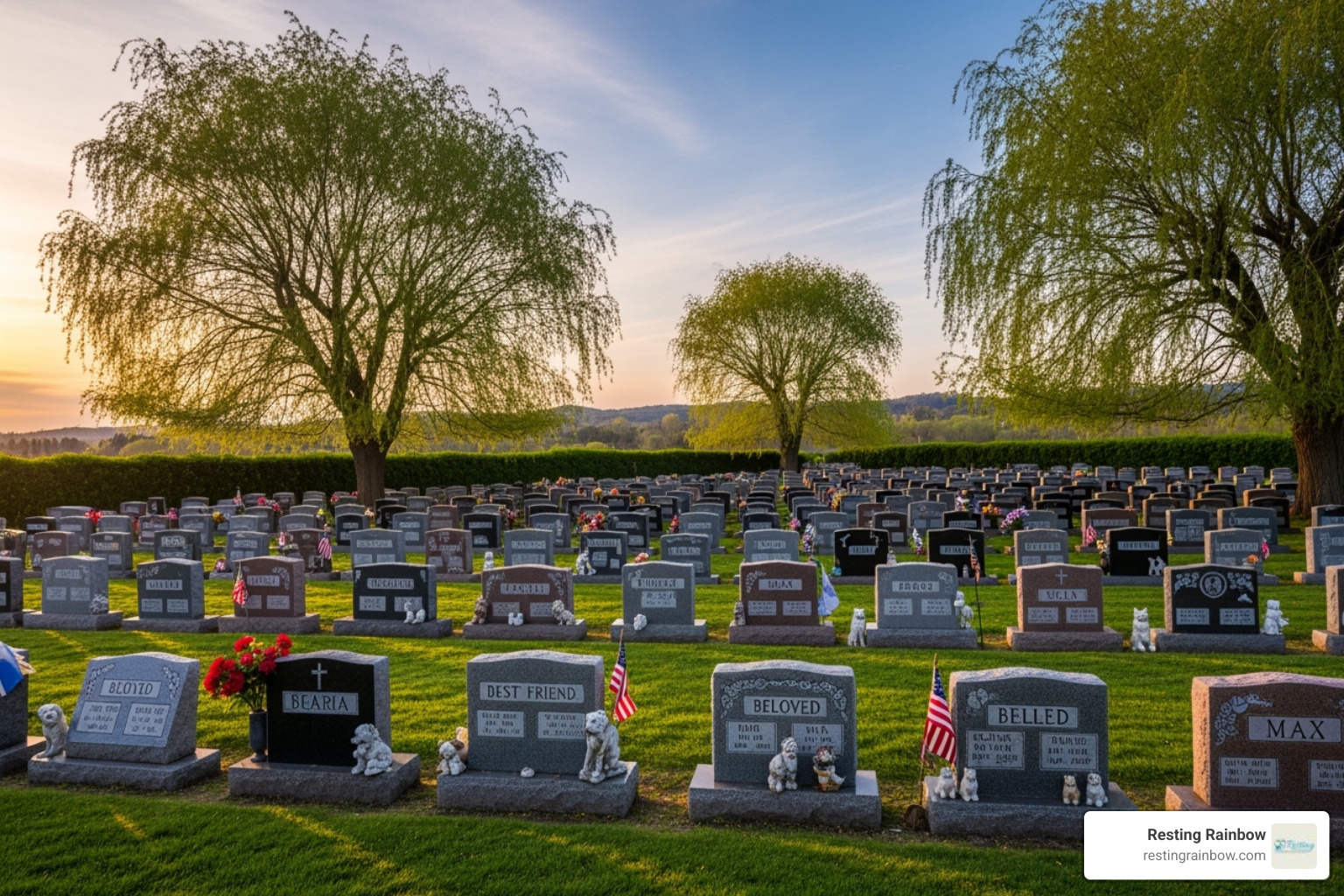 A serene pet cemetery with neatly arranged headstones under a soft sky, symbolizing a peaceful resting place. - dog euthanasia and cremation cost A serene pet cemetery with neatly arranged headstones under a soft sky, symbolizing a peaceful resting place. - dog euthanasia and cremation cost