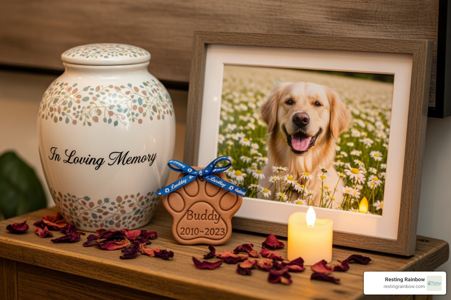 A display of pet memorial items: a custom urn, a paw print keepsake, and a framed photo, symbolizing remembrance and love. - dog euthanasia and cremation cost A display of pet memorial items: a custom urn, a paw print keepsake, and a framed photo, symbolizing remembrance and love. - dog euthanasia and cremation cost