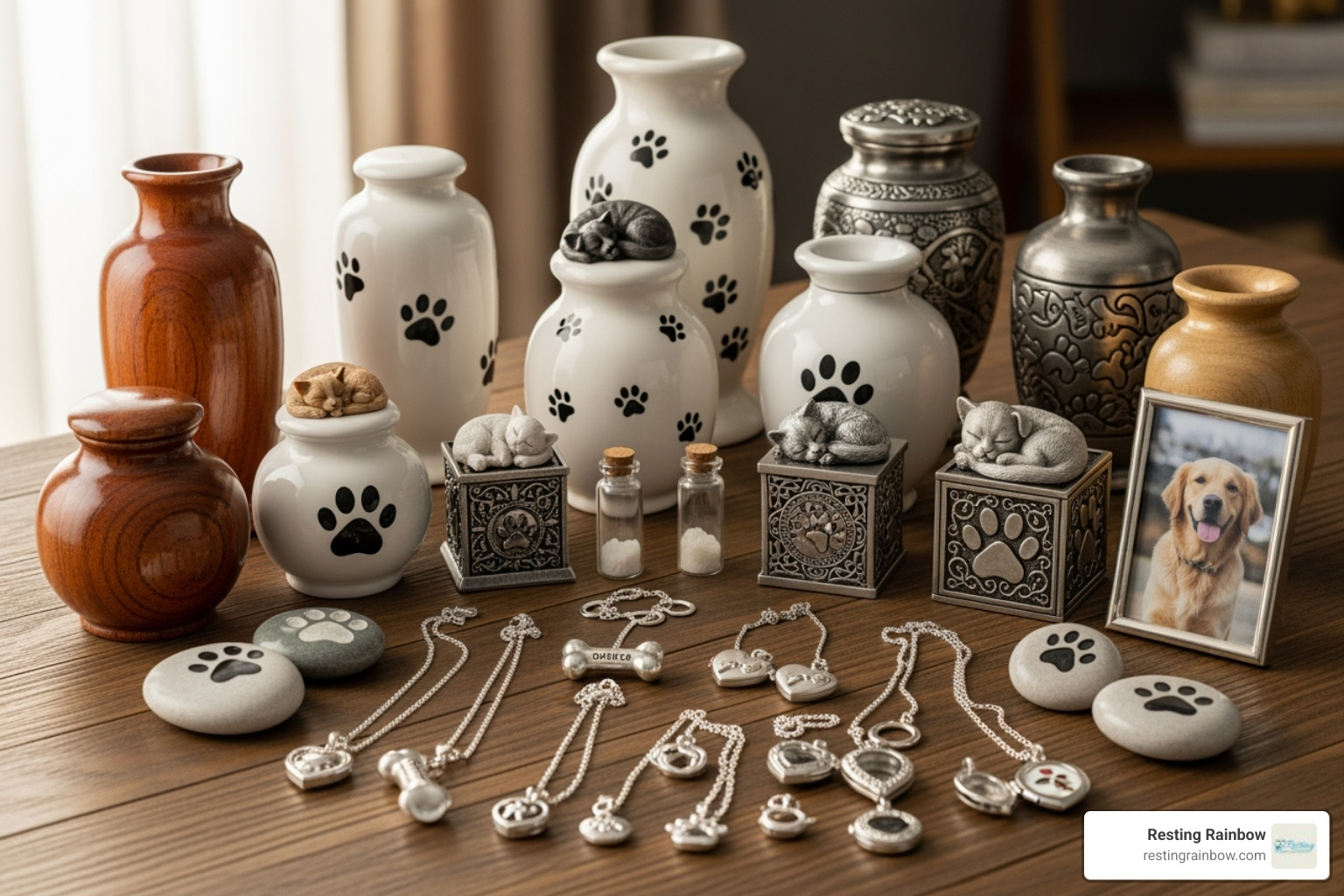 A variety of pet memorial urns and keepsake jewelry. - pet burial dallas
