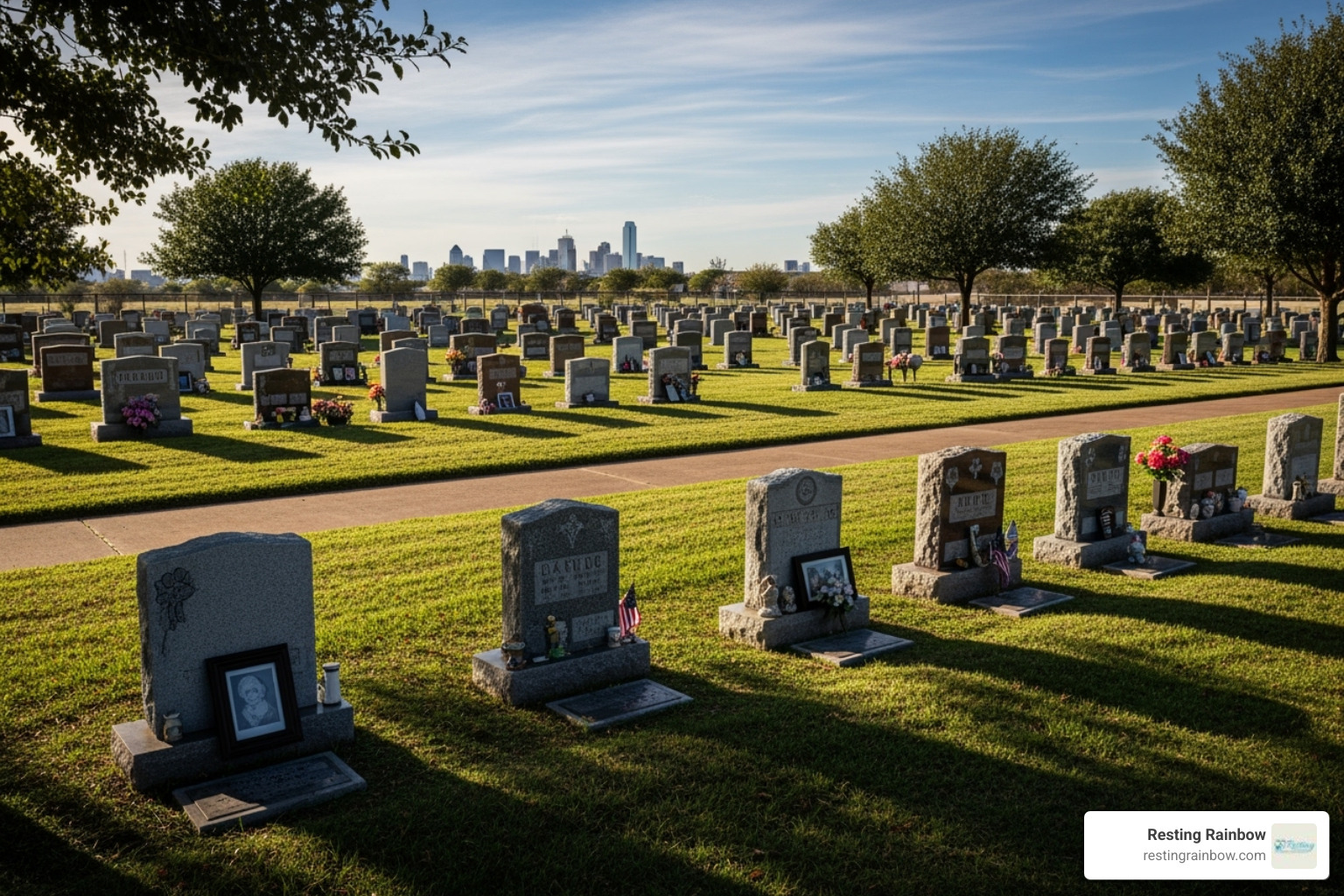 A sunny day at a Dallas-area pet cemetery showing neat rows of pet graves. - pet burial dallas