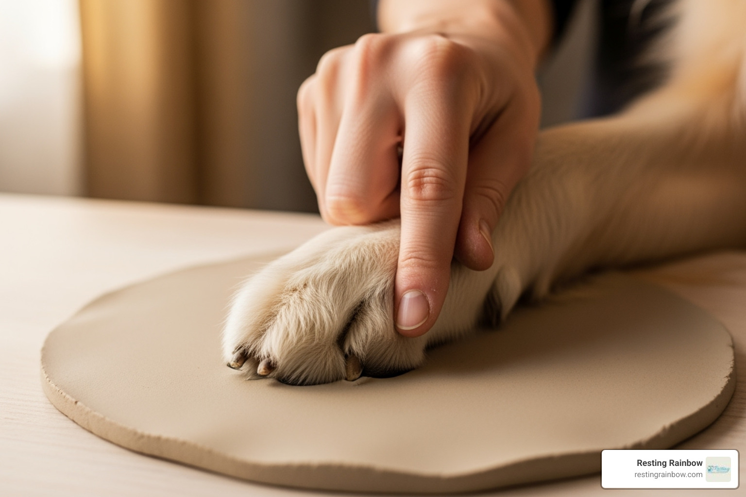 A hand gently pressing a dog's paw into a clay patty, demonstrating the technique for a clear and detailed impression. - clay paw print A hand gently pressing a dog's paw into a clay patty, demonstrating the technique for a clear and detailed impression. - clay paw print