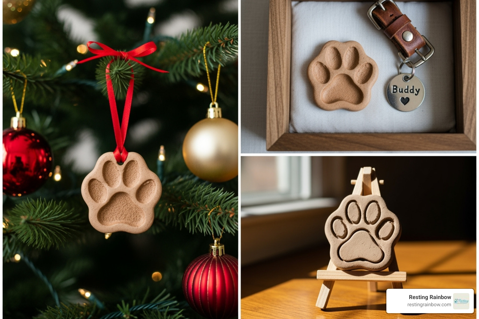 A collage showing a paw print ornament on a tree, a print in a shadow box with a collar and tag, and a print displayed on a small easel. - clay paw print A collage showing a paw print ornament on a tree, a print in a shadow box with a collar and tag, and a print displayed on a small easel. - clay paw print
