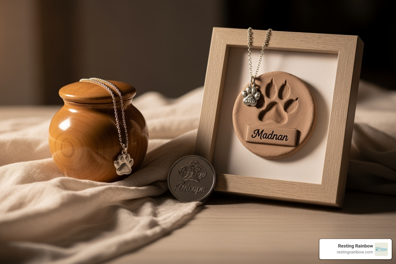 Pet memorial items: urn, paw print jewelry, and framed clay paw impression. - 24 hour pet cremation dallas