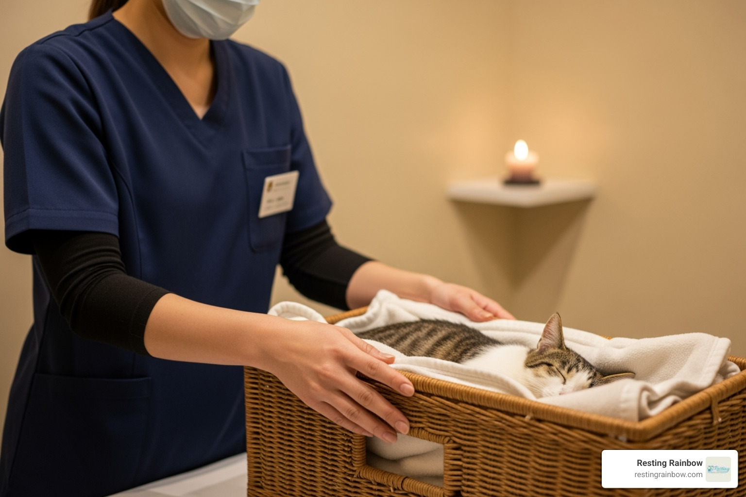 Resting Rainbow staff member gently preparing a pet for dignified transport. - 24 hour pet cremation dallas