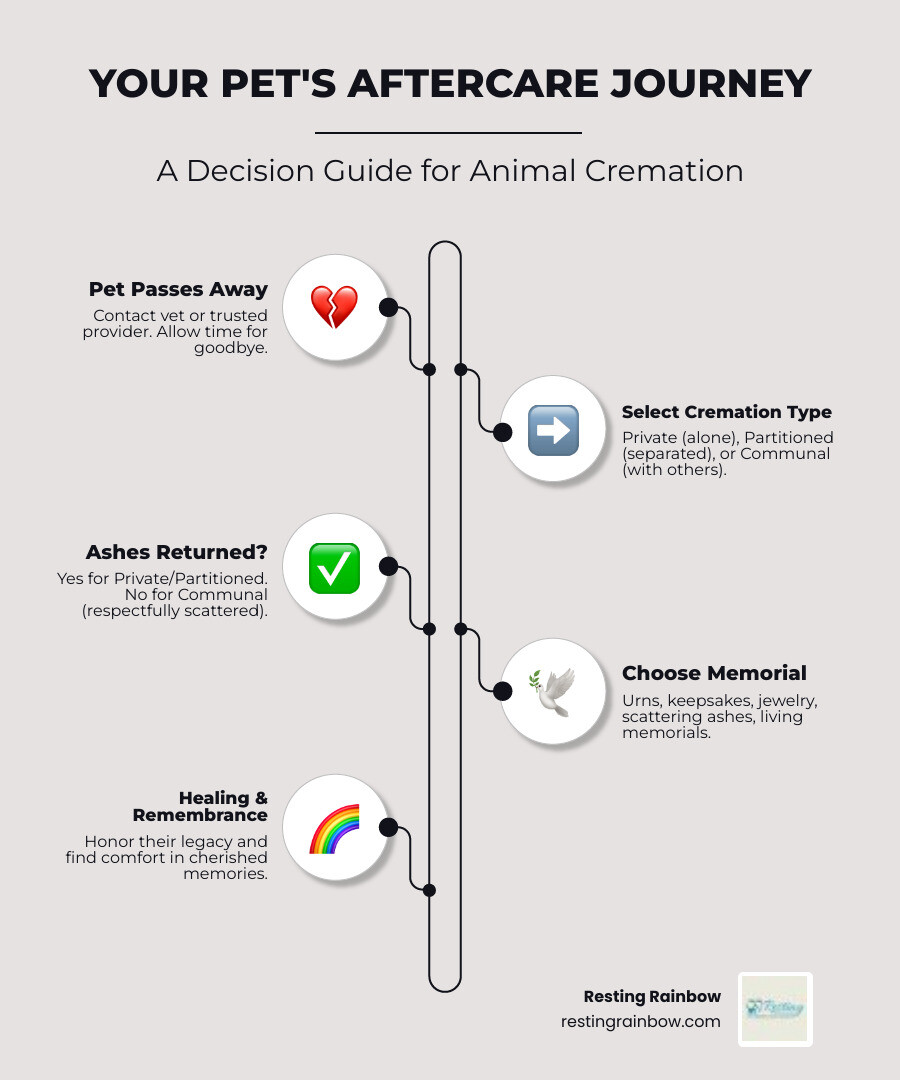 Infographic showing the animal cremation decision tree: Starting with 'Pet Passes Away' flowing to 'Choose Cremation Type' (Private, Partitioned, or Communal), then 'Receive Ashes' (Yes or No), and finally 'Memorial Options' (Urn, Jewelry, Scattering, Living Memorial) - animal cremation infographic infographic-line-5-steps-elegant_beige