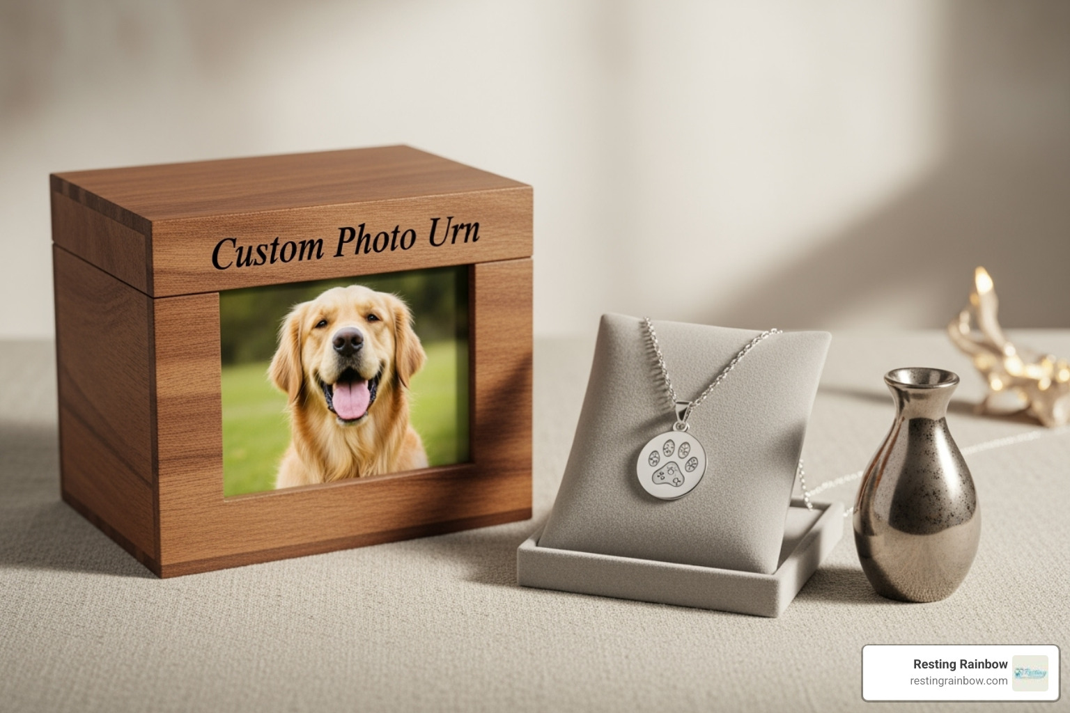 A tasteful display of pet memorial products: a custom photo urn, a paw print necklace, and a small keepsake urn. - animal cremation